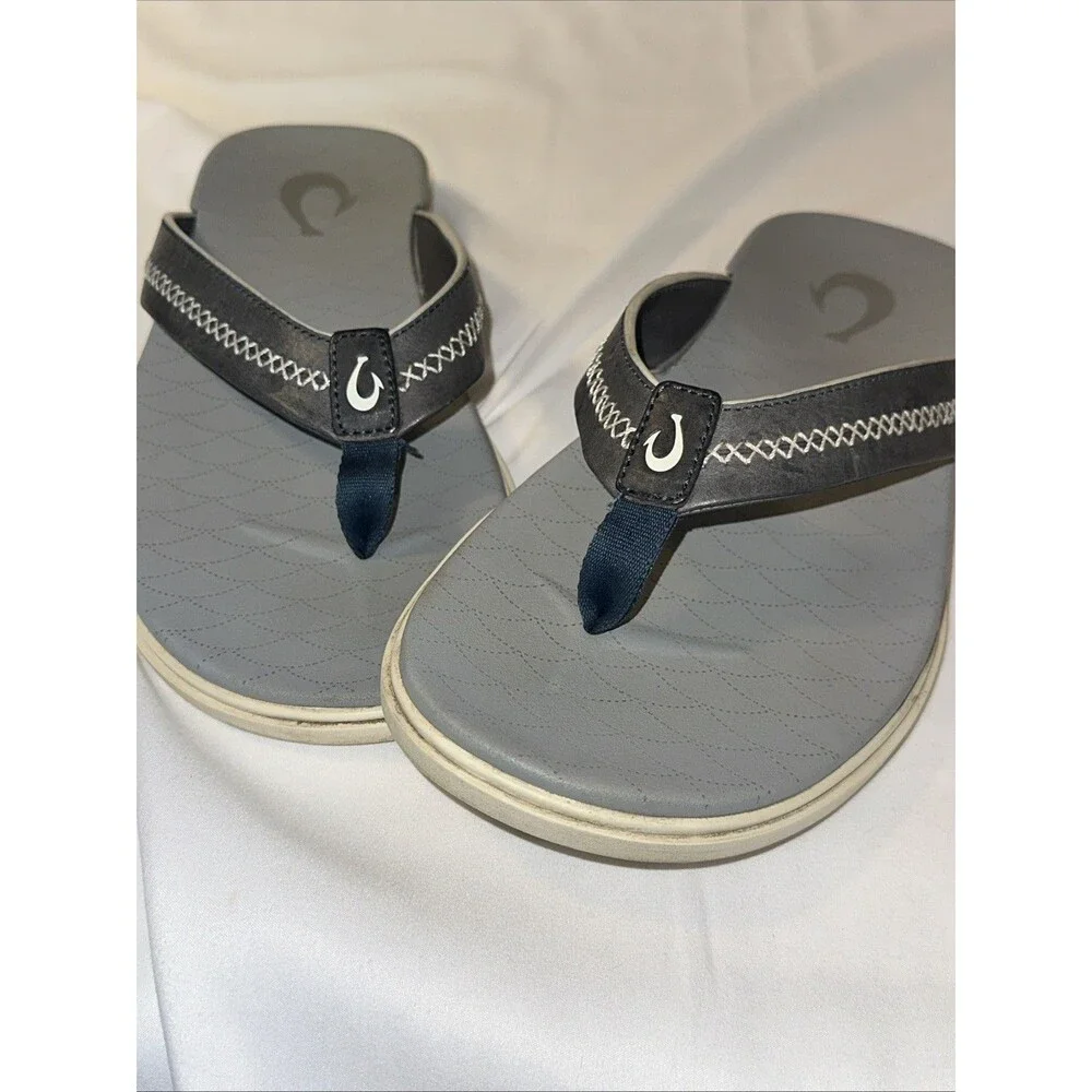 Olukai Stanecraft Gray 44 Men’s Leather Sandals 11 Flip Flop Boating